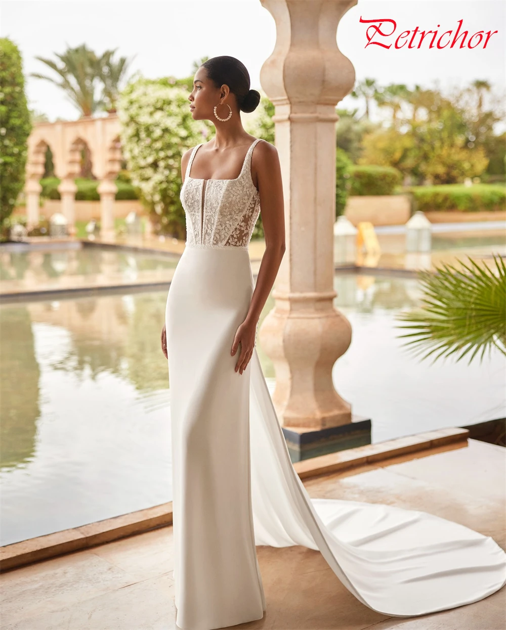 Vestido de novia de satén blanco de ensueño personalizado, vestidos de novia formales sin mangas con cuello cuadrado, vestido de novia Sexy con cola de corte recta