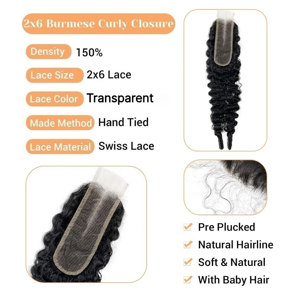 2x6 Lace Closure Burmesisches gelocktes Echthaar, brasilianisches Virgin Remy Haar, langes Haar mit tiefem Scheitel, unbehandeltes Haar mit vorgezupften Babyhaaren zum Flechten und Stylen. – Detail 2