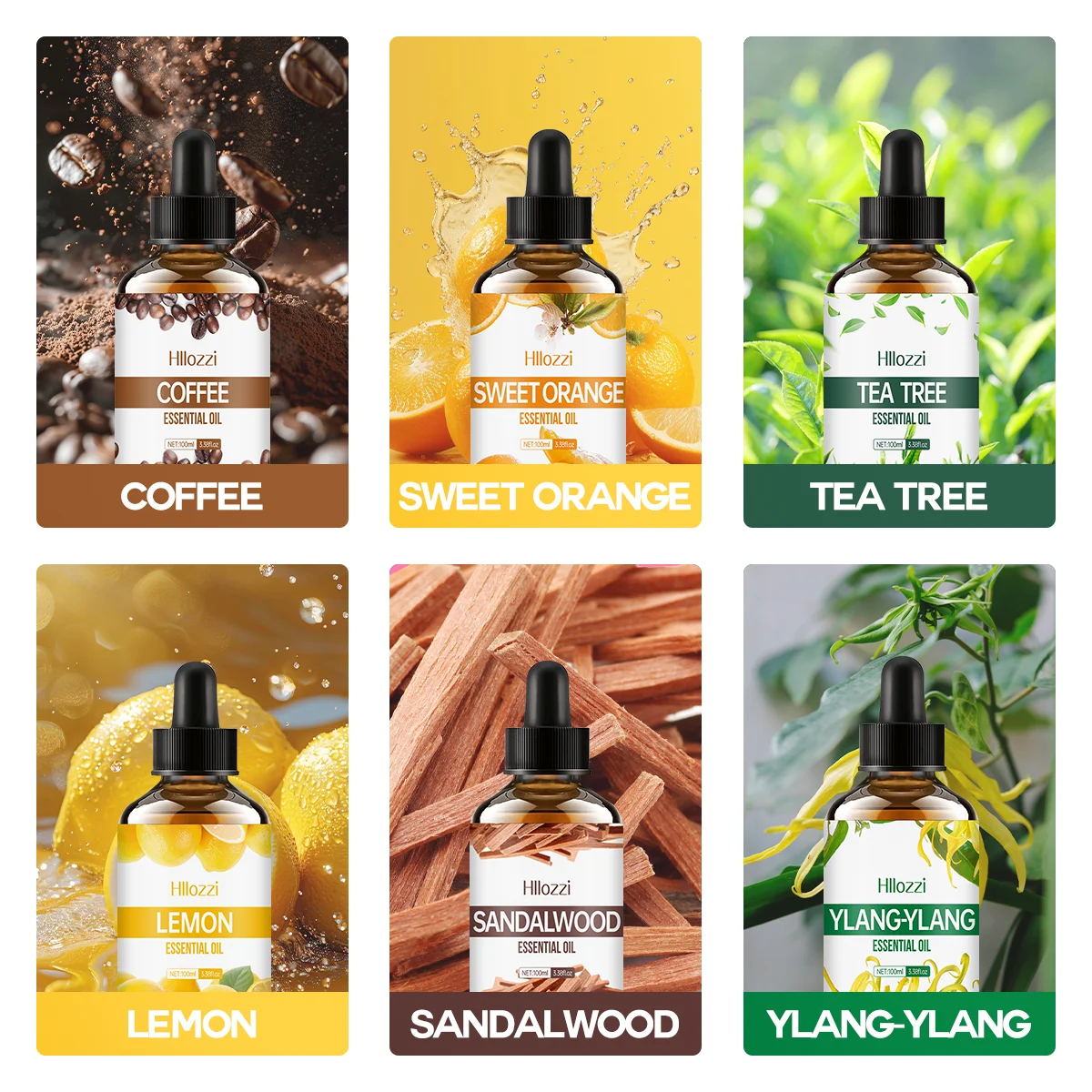 Sandalwood, Coffee, Tea Tree, Sweet Orange, Lemon, Ylang Ylang - 100ml/3.38fl.oz each, nourishing, suitable for all skin types