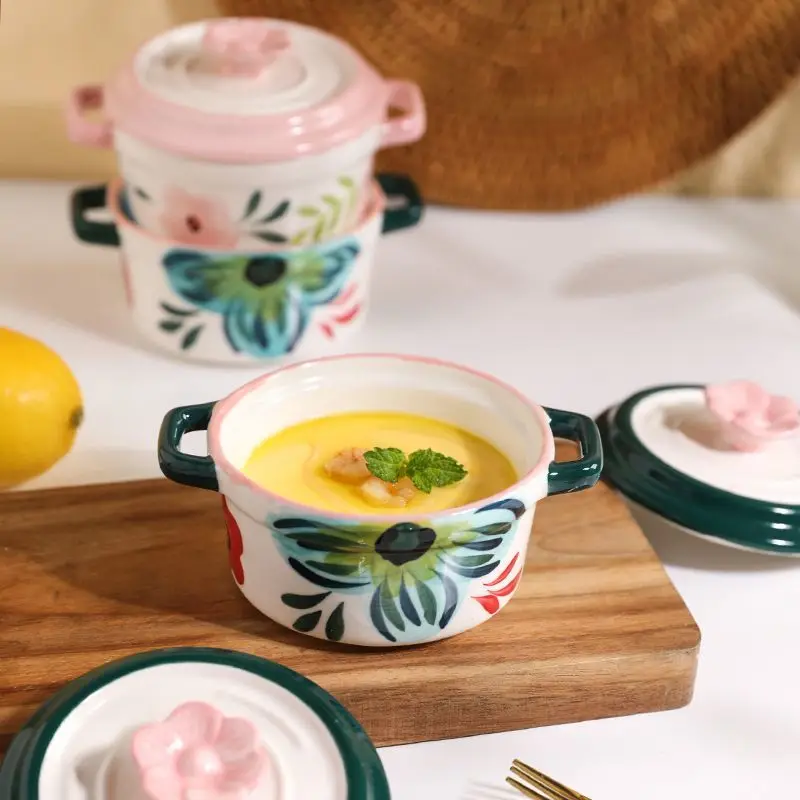 Double Ear Covered Steaming Baking Bowl with Underglaze Color Design Water-resistant Heat-resistant Bird's Nest Pot for Stewing