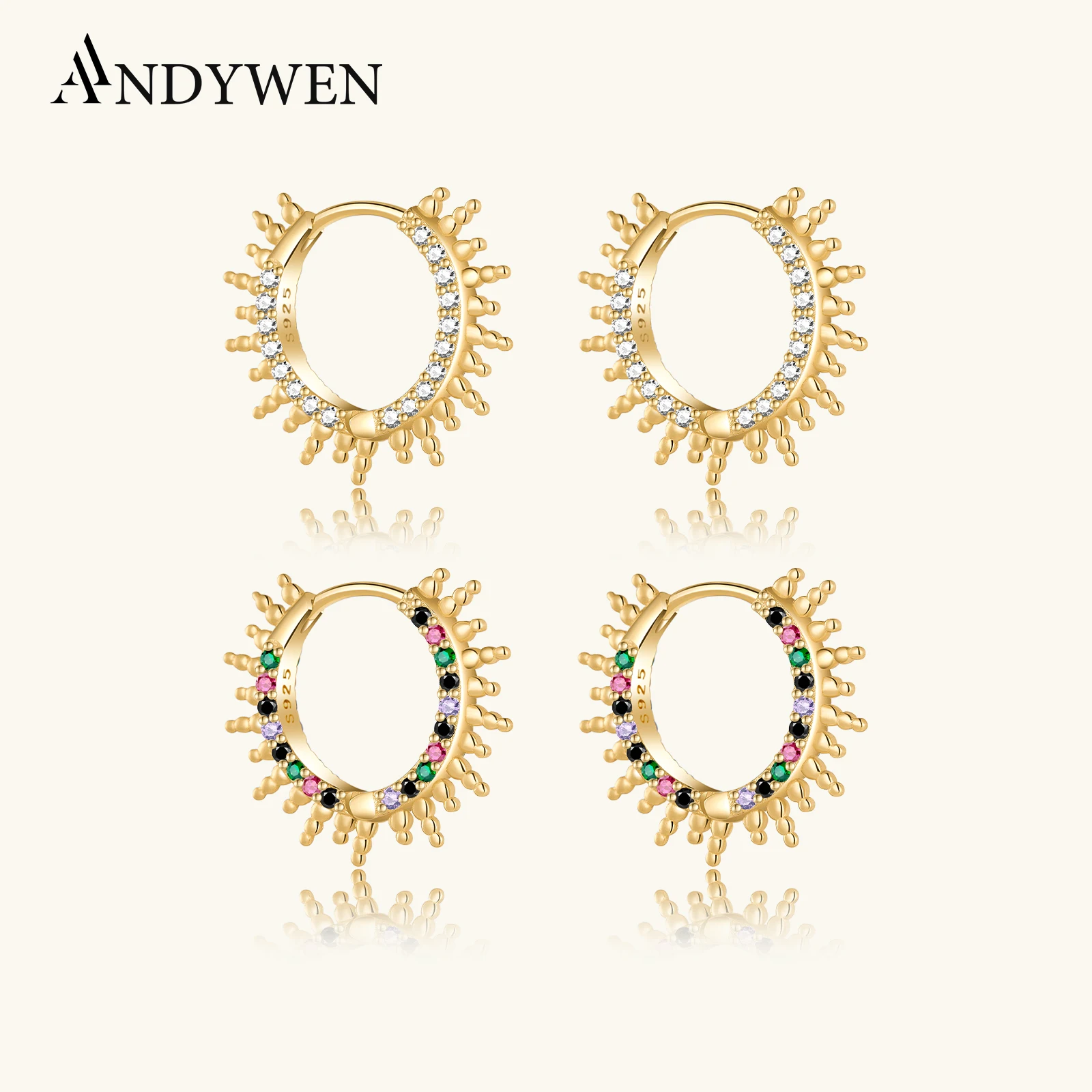 

ANDYWEN 100% 925 Sterling Silver Gold Rainbow Spike Hoops Circle Luxury Zircon Crystal Pave Loops Circle Piercing Pendientes