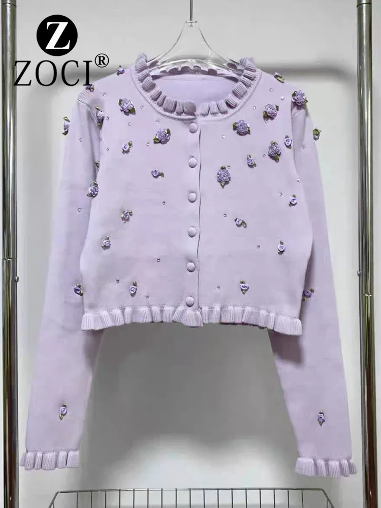 [ZOCI] Autumn And Winter New Women's Clothing Three-dimensional Handmade Rose Nail Bead Heavy Industry Purple Girl