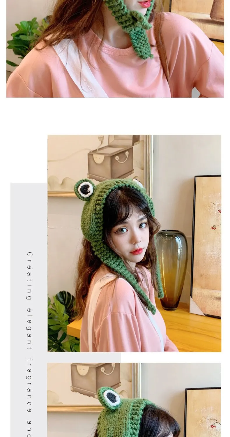 Frog Headband Handmade Wool Knitted Hat Winter Warm Sweet Cute Ear Hat For Women