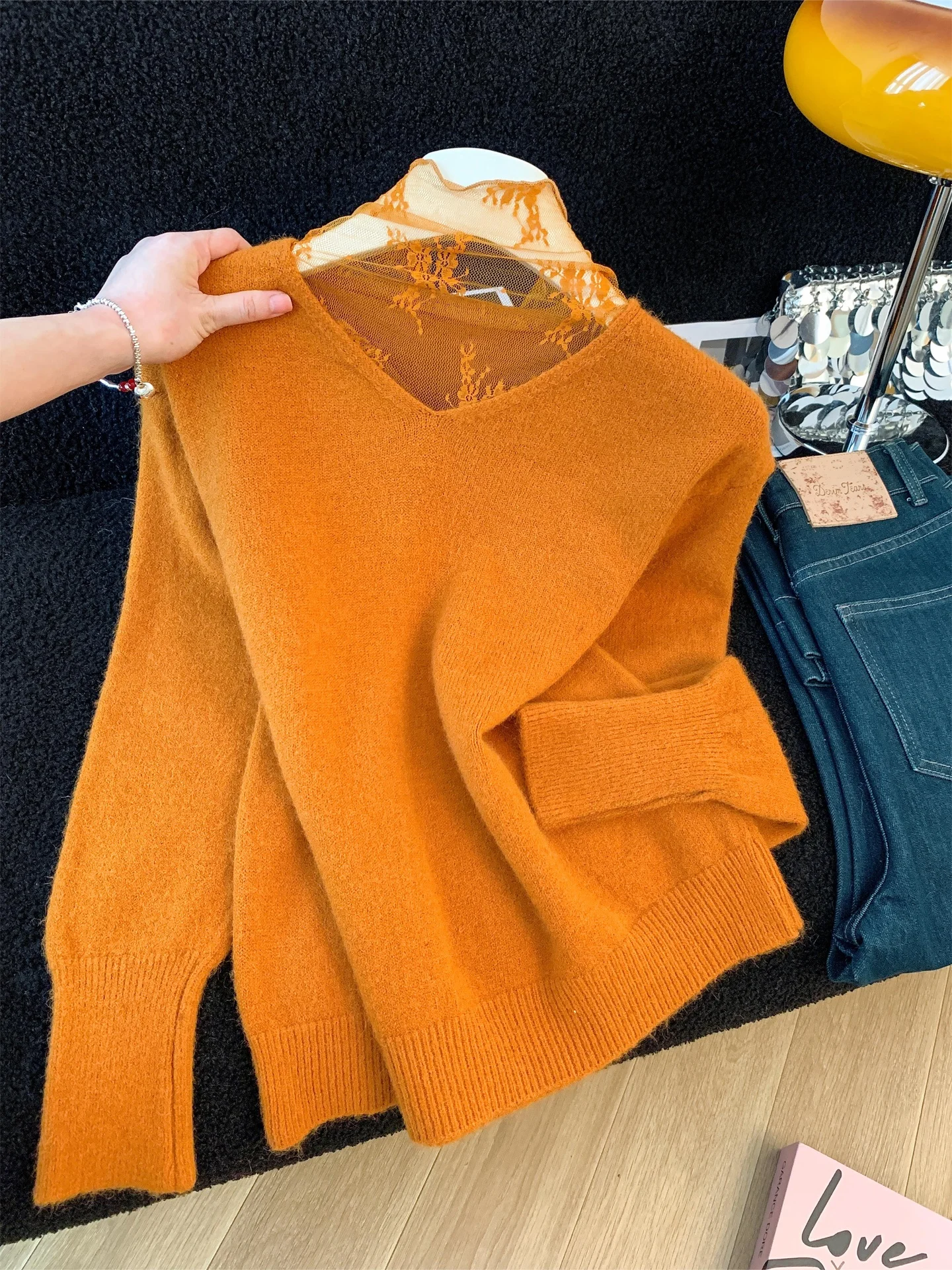 

Корейский свободный женский трикотаж с кружевным воротником, мягкий уютный зимний свитер, модный топ для молодежи