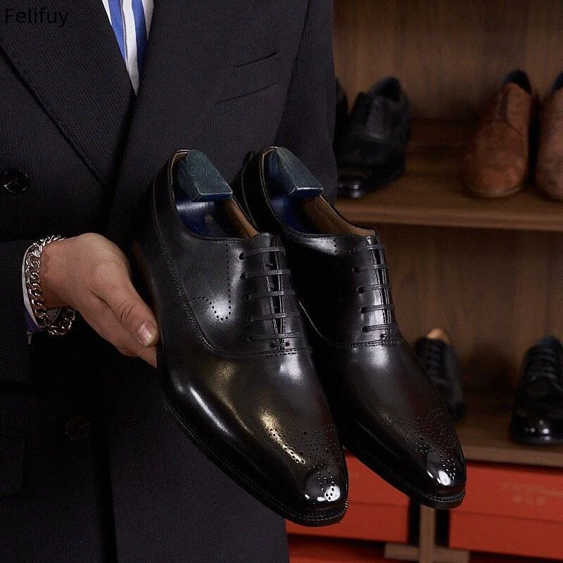 Luxury Brock Men Genuine Leather Flat Shoes Lace Up Wedding Office Business Pointed Toe Formal Men's Dress Oxford Shoes for Men