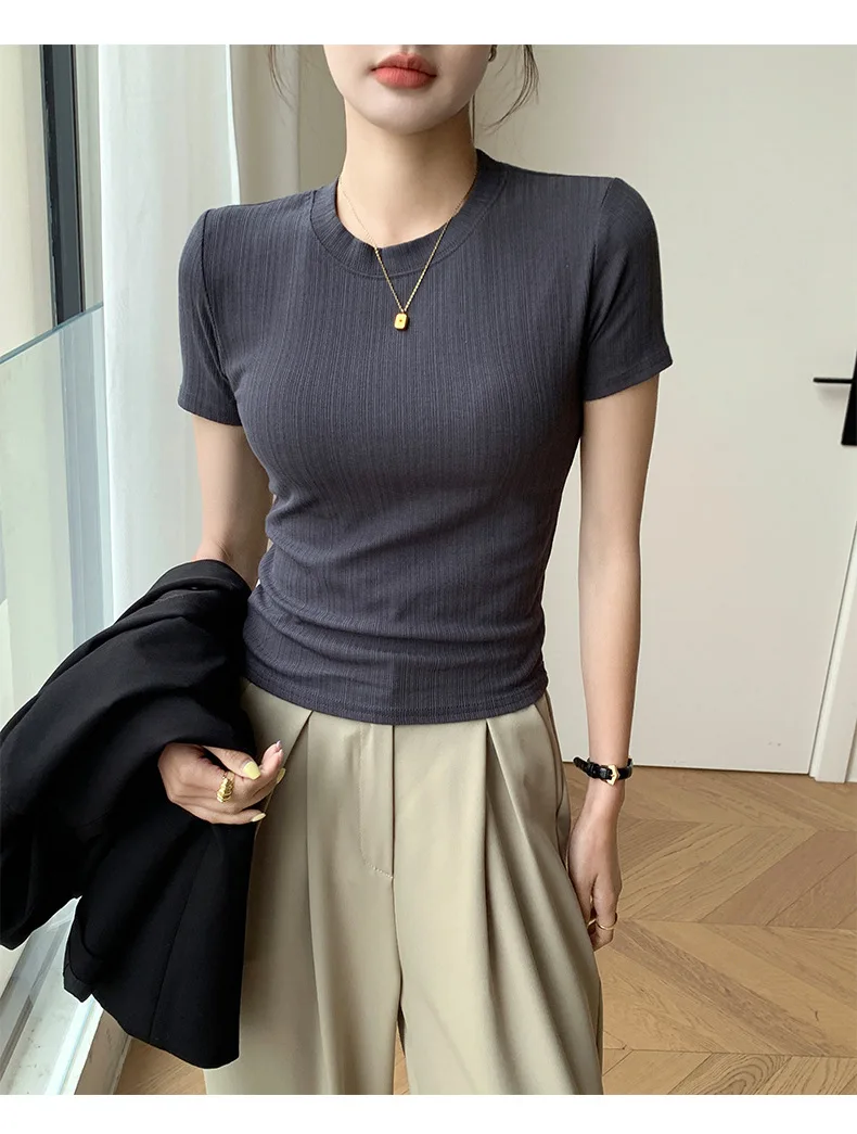 Sommerliches neues Damen-Rundhals-T-Shirt, gestricktes Kurzarm-Oberteil, lässiges Allround-T-Shirt, gestreiftes Basic-Shirt, schmal geschnitten, atmungsaktiv – Detail 14