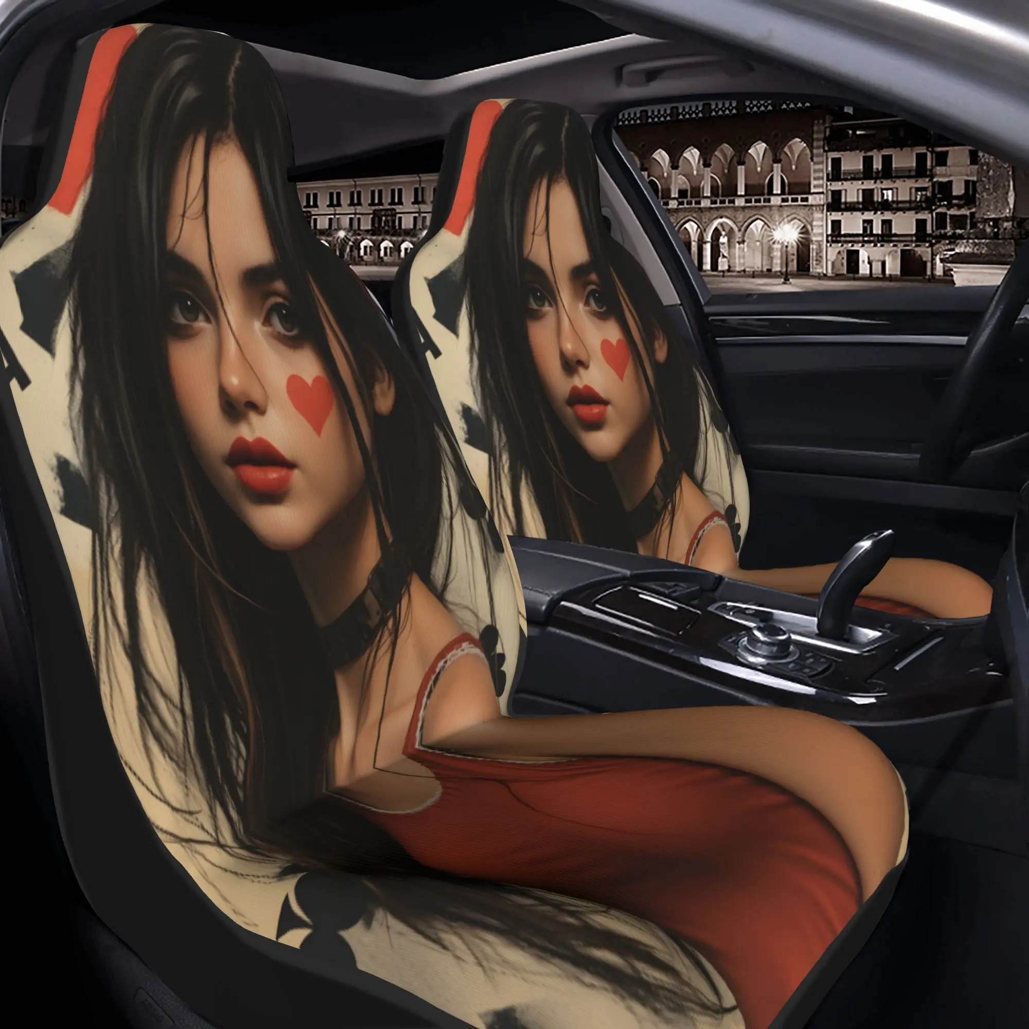 2個入り-ハートのアートワークとポーカーカードの背景が描かれた印象的な若い女性のイラスト-車のシートカバー、すべての車両に適しています、クリスマスギフト