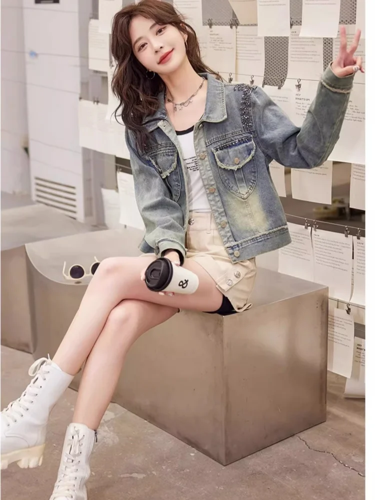SMTHMA High-Quality Retro Fringed Luxury Pearl Denim Short Jacket Women\'s Clothing 2026 New Spring Autumn Casual Soft Jacket Top