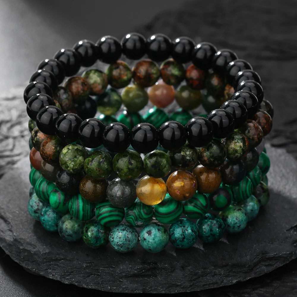 Personality Punk Style 8Mm Natural Agate Turquoise Green Peacock Elastic Beaded Bracelet Set 5 Pieces Kpop Joyas Jewelry