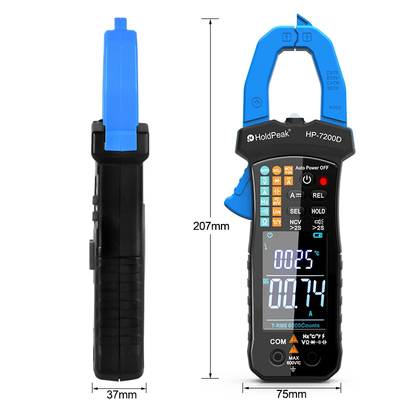 Imagem -02 - Holdpeak-pinça Amperimétrica Digital de Seleção Automática e Alcance Automático True-rms Tensão ac Corrente 7200d 60a 400a Corrente ac