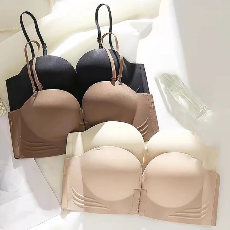 Fashion Push-up Bra Tops Women Front Buckle Anti-sagging Hidden Button Gathered Breast Collection Removable Shoulder Strap Bra