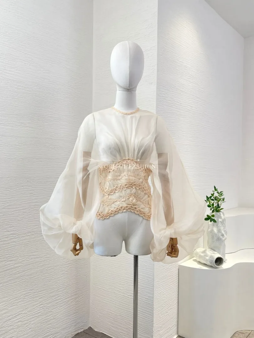 

High Quality Beige Long Sleeve Lantern Sleeve See Through Retract Waist Blouse Women Tops