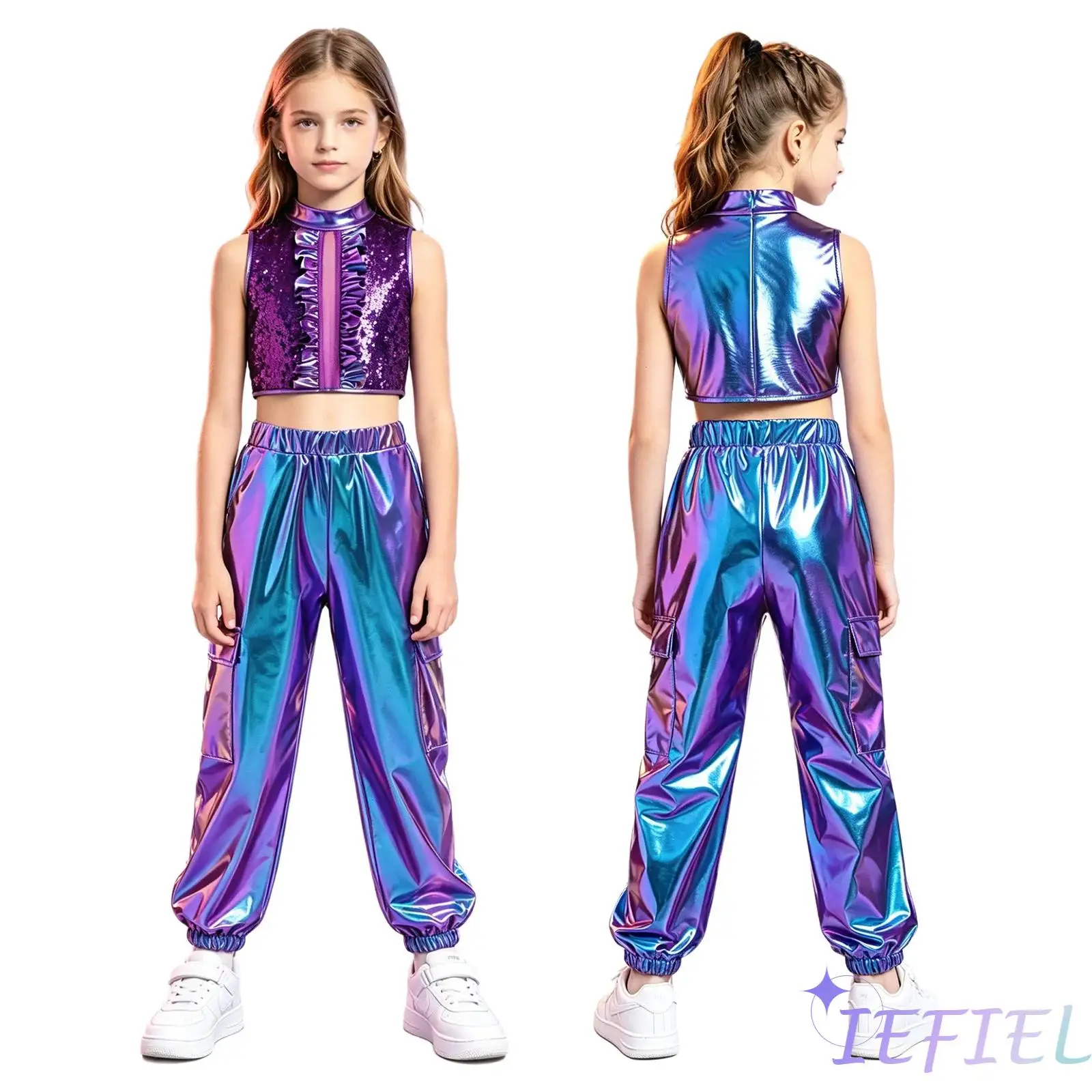 

Girls Pageant Stage Party Outfit Kids Sequin Metallic Ruffles Crop Top with Shiny Pants for Jazz Disco Raves Dance Clothing