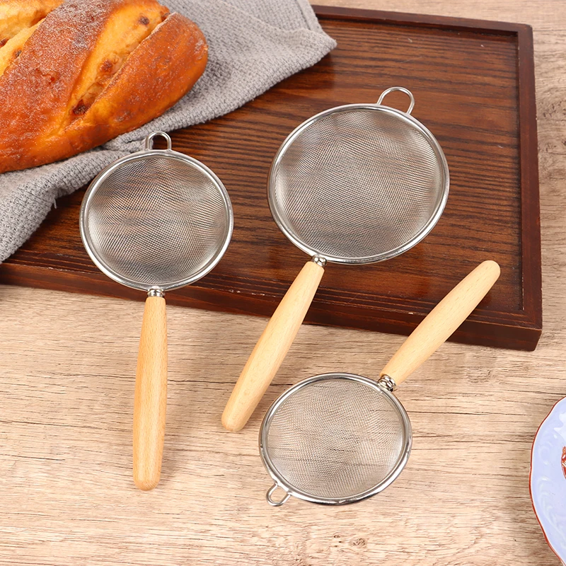 1Pc 304 Stainless Steel Mesh Filter Spoon With Wooden Handle Flour Filter Spoon Household Kitchen Fried Food Filter Colanders