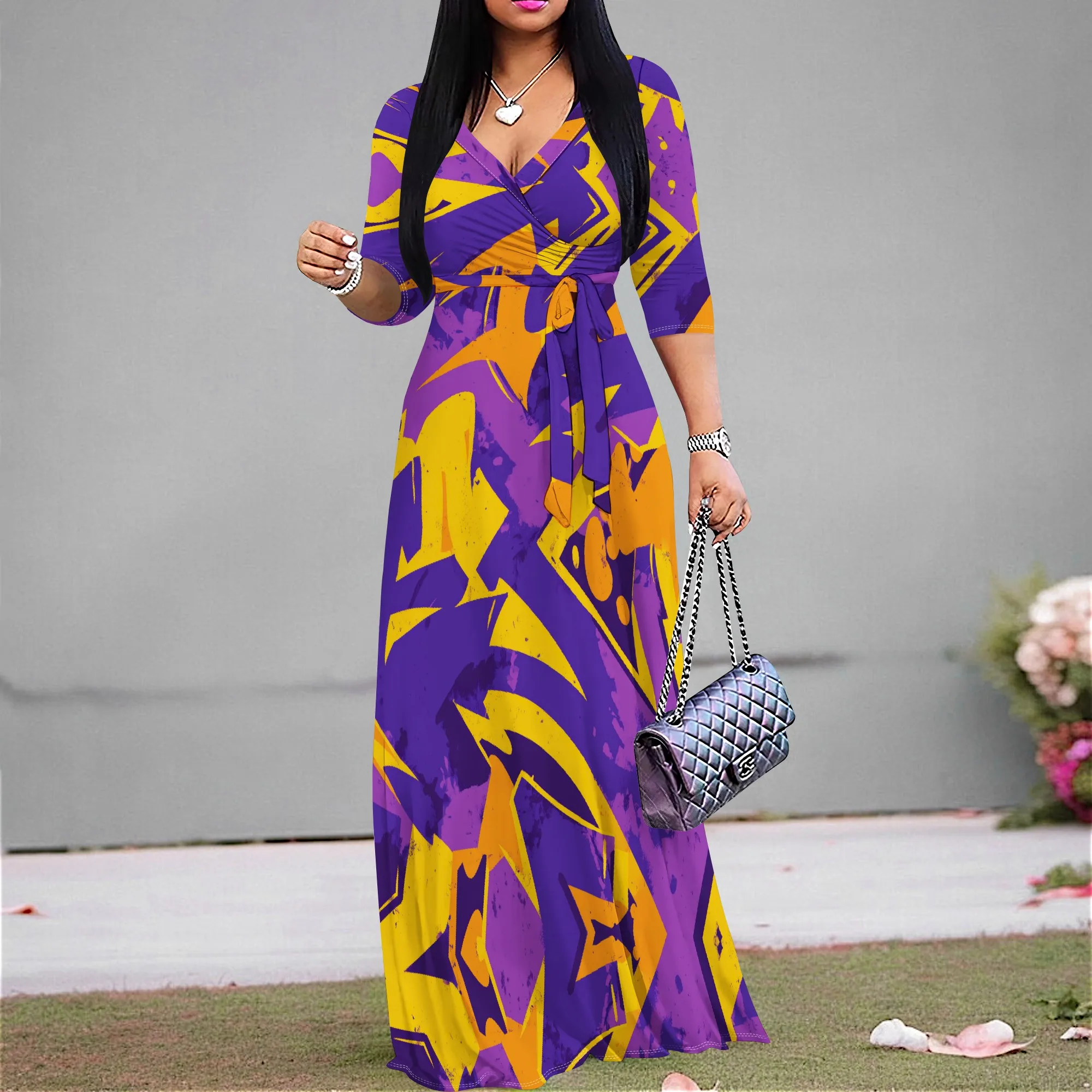 

Bold Abstract Print Maxi Dress S-3XL V-Neck Belted 3/4 Sleeve Style for Art Festival, Summer Party or Streetwear Look