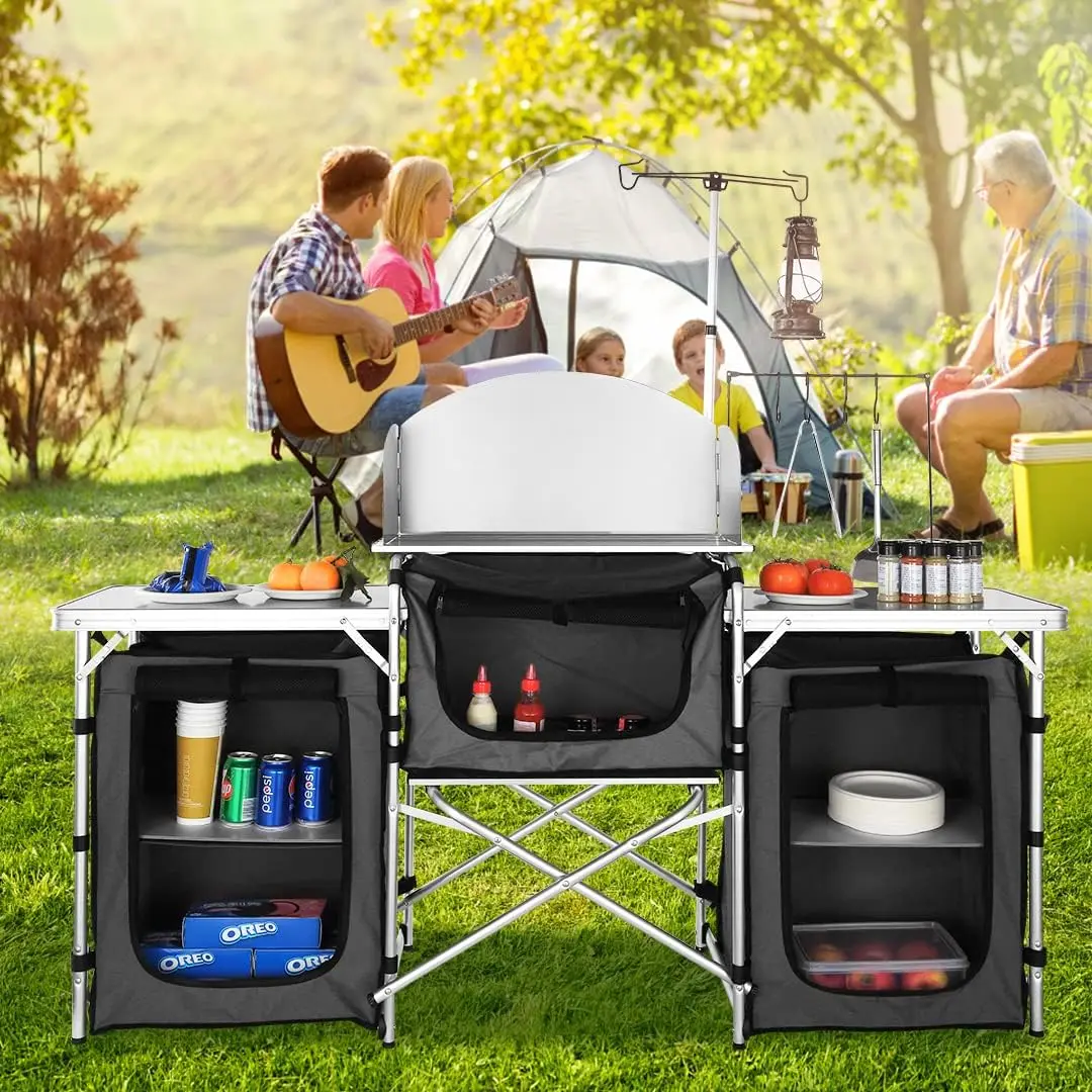 Camping Kitchen Table, Aluminum Portable Folding Camp Cook Table with Windshield, 3 Cupboard, Storage Organizer