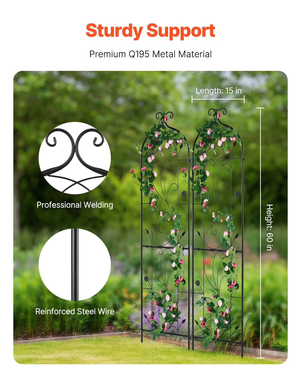 Garden Trellis for Climbing Plants, 60 x 15 in, 2 Packs Rustproof Metal Flower, Outdoor Rose Cucumbers Support, Decorative