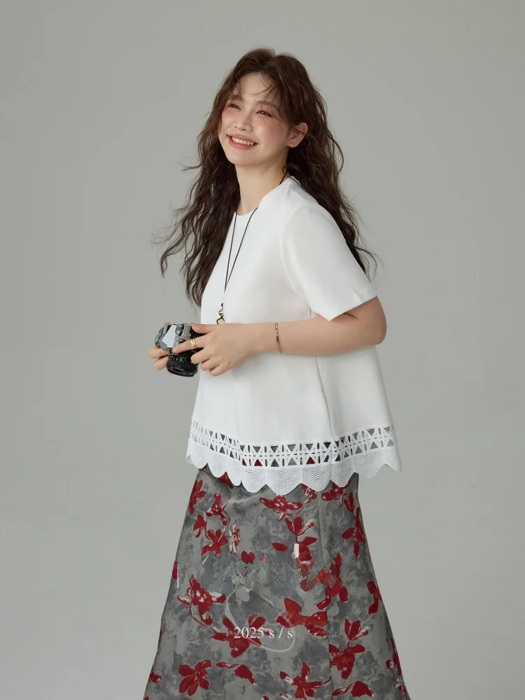 

plus Size Women's round Neck Short Sleeve T-Shirt Lace Patchwork Loose Fit Pure Color Top for Plump MM Meat Conceal Slimming