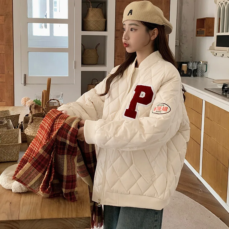 

Women's American Retro Quilted Pattern Baseball Cotton Coat Winter Korean Loose Fit Preppy Style Letters Embroidery Parkas