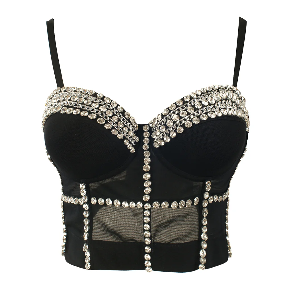 Sexy Rock Punk Bra Diamond & Pearl Decoration Push Up Bralette Lingerie Anti-light Shockproof Bra Clubwear Corset Plus Size