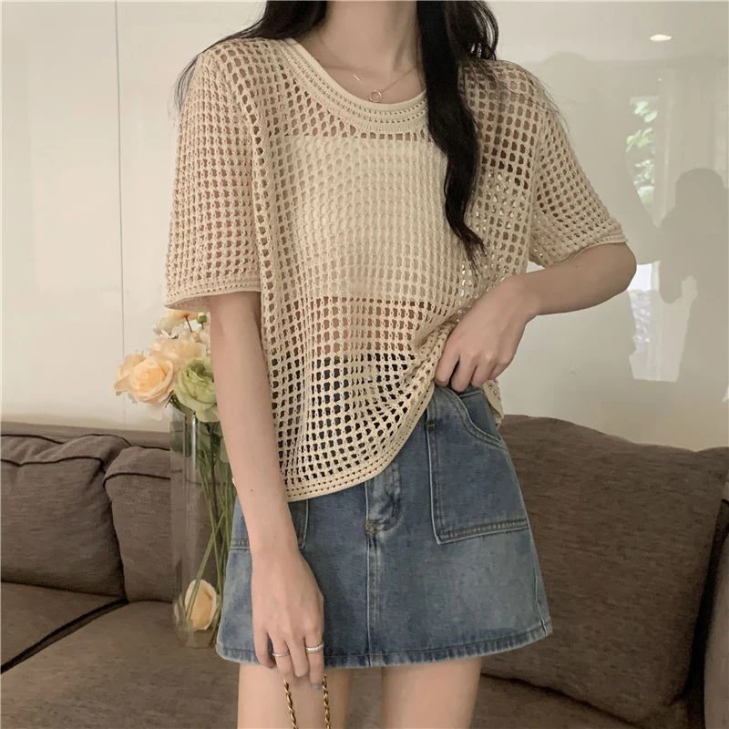 

Summer Hollow Out O Neck Women Short Sleeve T Shirt Girls Thin Fashion Gentle Simple Outerwear Sun Protection Smock Crop Top Tee