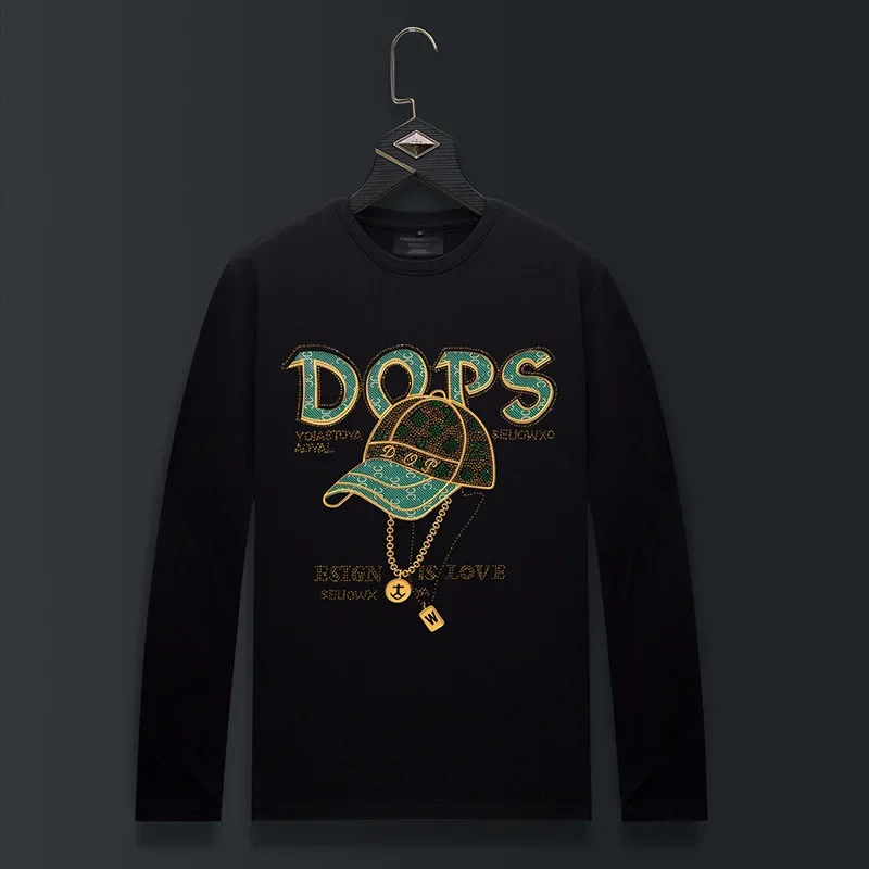 

Plus Size O Neck Long Sleeve T Shirts Men Top Rhinestones Hat Letter Fashion Streetwear Slim Modal Cotton Tshirts Mens Clothing