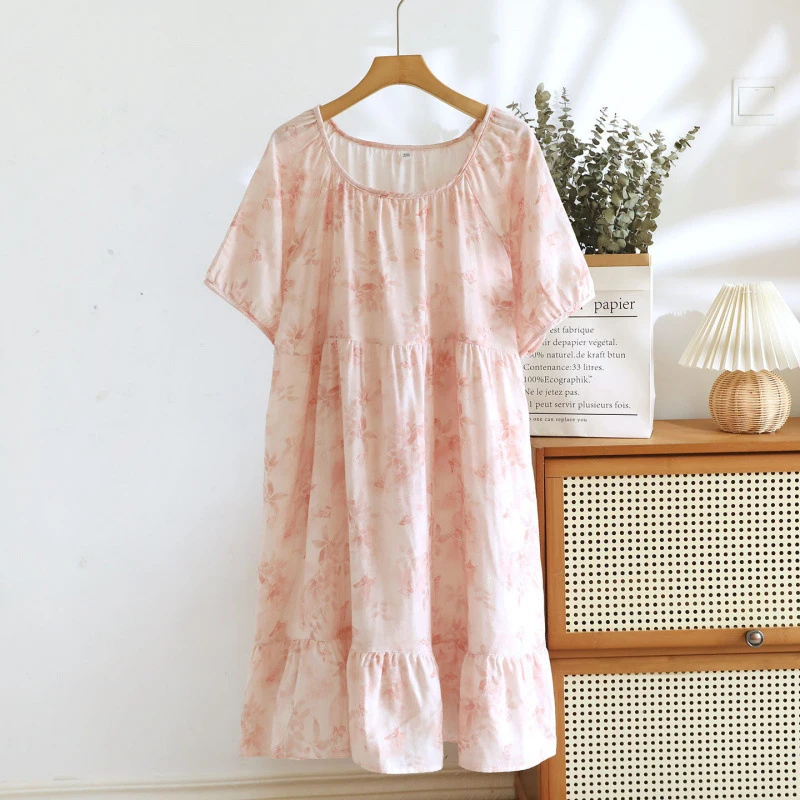 Floral Print Nightgown for Women, 1-Piece Cotton Gauze Sleep Dress, Short Sleeve & Breathable, Lightweight Versatile Summer Home