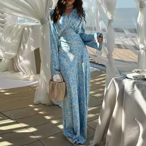 Elegant V-neck High Waist Satin Long Dress 2026 Lady Elegant Temperament Evening Dresses Spring Floral Print Women's Party Dress