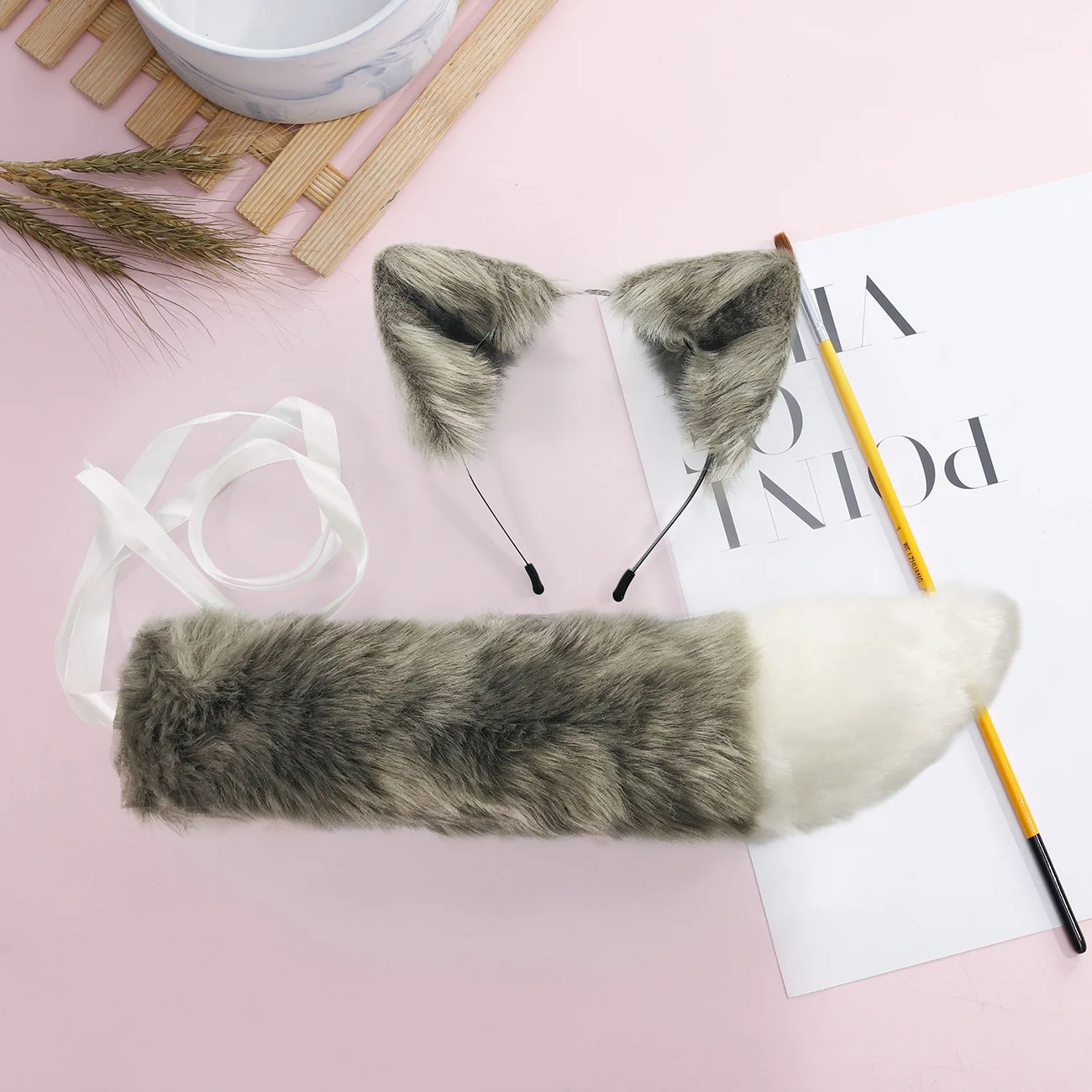Cute Pink Cosplay Headwear Tail Set Anime Fox Rabbit Fur Headdress Animal Ear Headband Tail Party Props Lolita Accessories Set