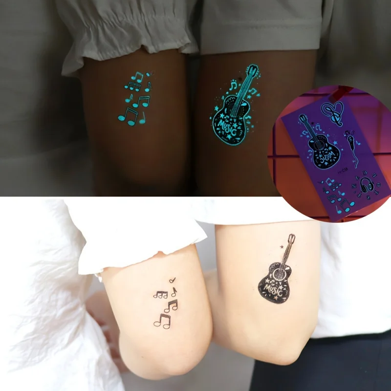 12 Pieces of Blue Glow Music Tattoo Stickers - Glow Guitar, Notes, Butterflies, Fairies, Feathers, Hearts - Perfect