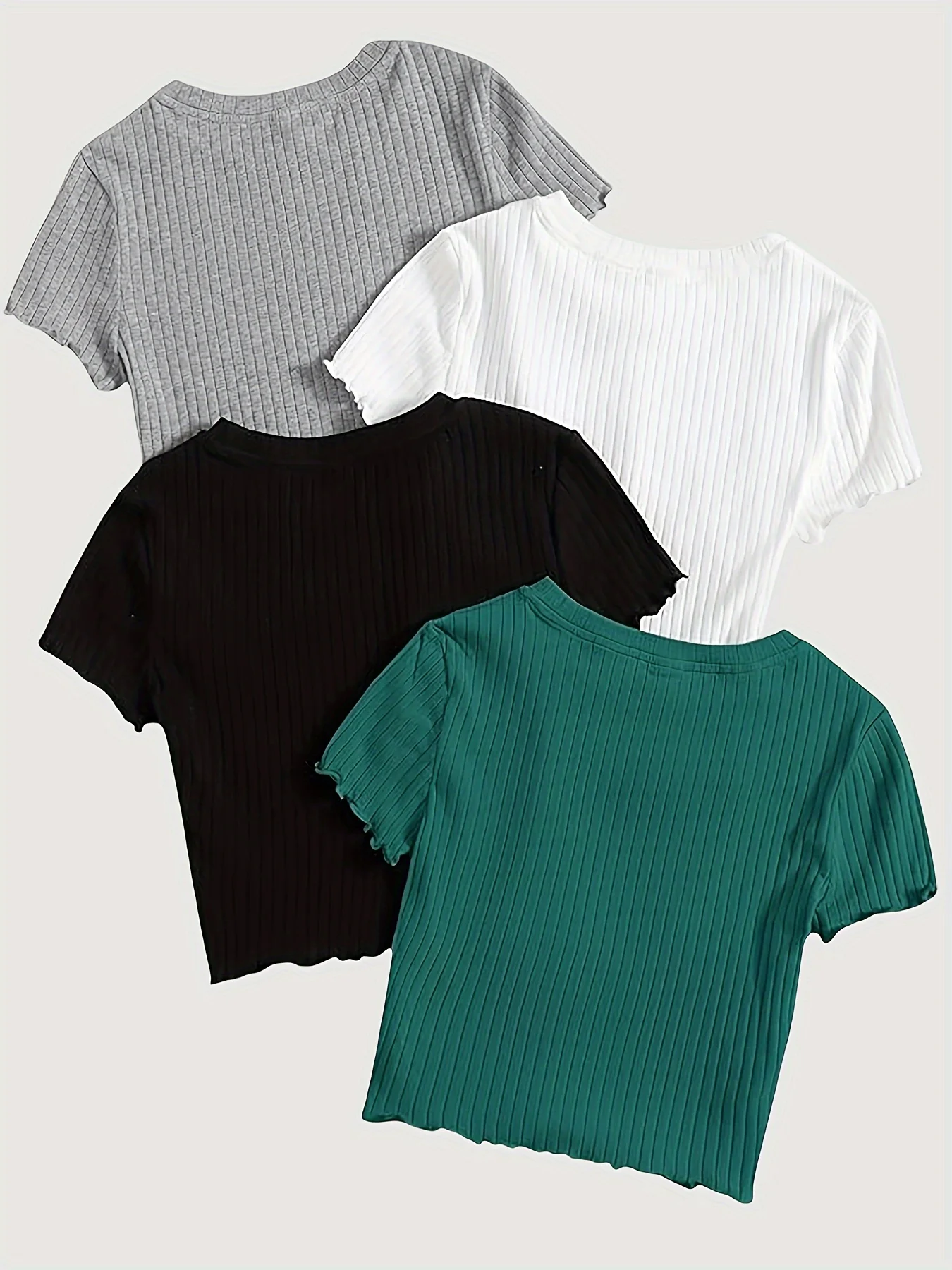 Women Crew Neck Short Sleeve Ribbed Knit Crop Top 4 Pack Casual Form Fitting Solid Color Tee Set