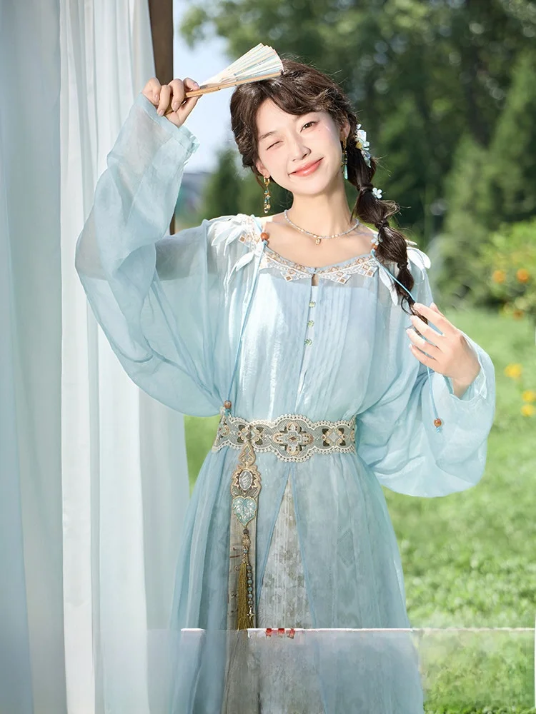 

Улучшенное женское ханьфу с вышивкой и принтом, летнее, с круглым вырезом, с шелковой вышивкой и принтом «Тринадцать излишков маленьких лотосовых семян»