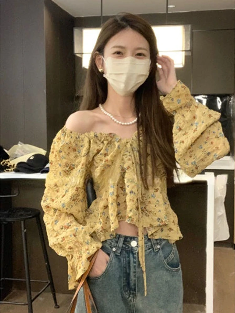 

New Blouses Women Loose Printed Spring Chic Sweet Aesthetic Y2k Vintage French Style OOTD Puff Sleeve All-match Leisure Shirring