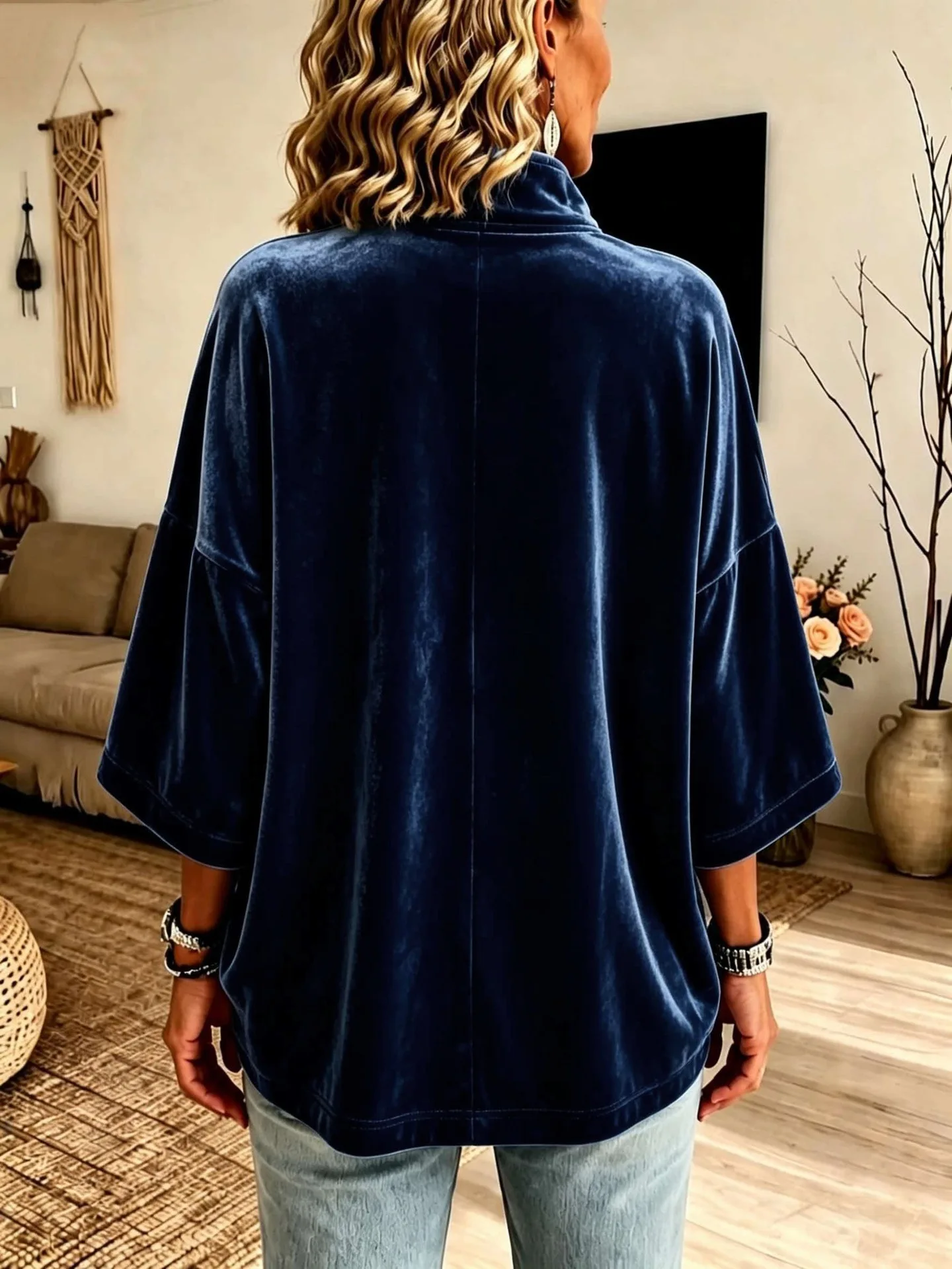 Autumn Winter Velvet Solid Half Zip Sweatshirts Stand Collar 3/4 Sleeve Loose Casual Pullover Tops Women Vacation Daily Hoodie