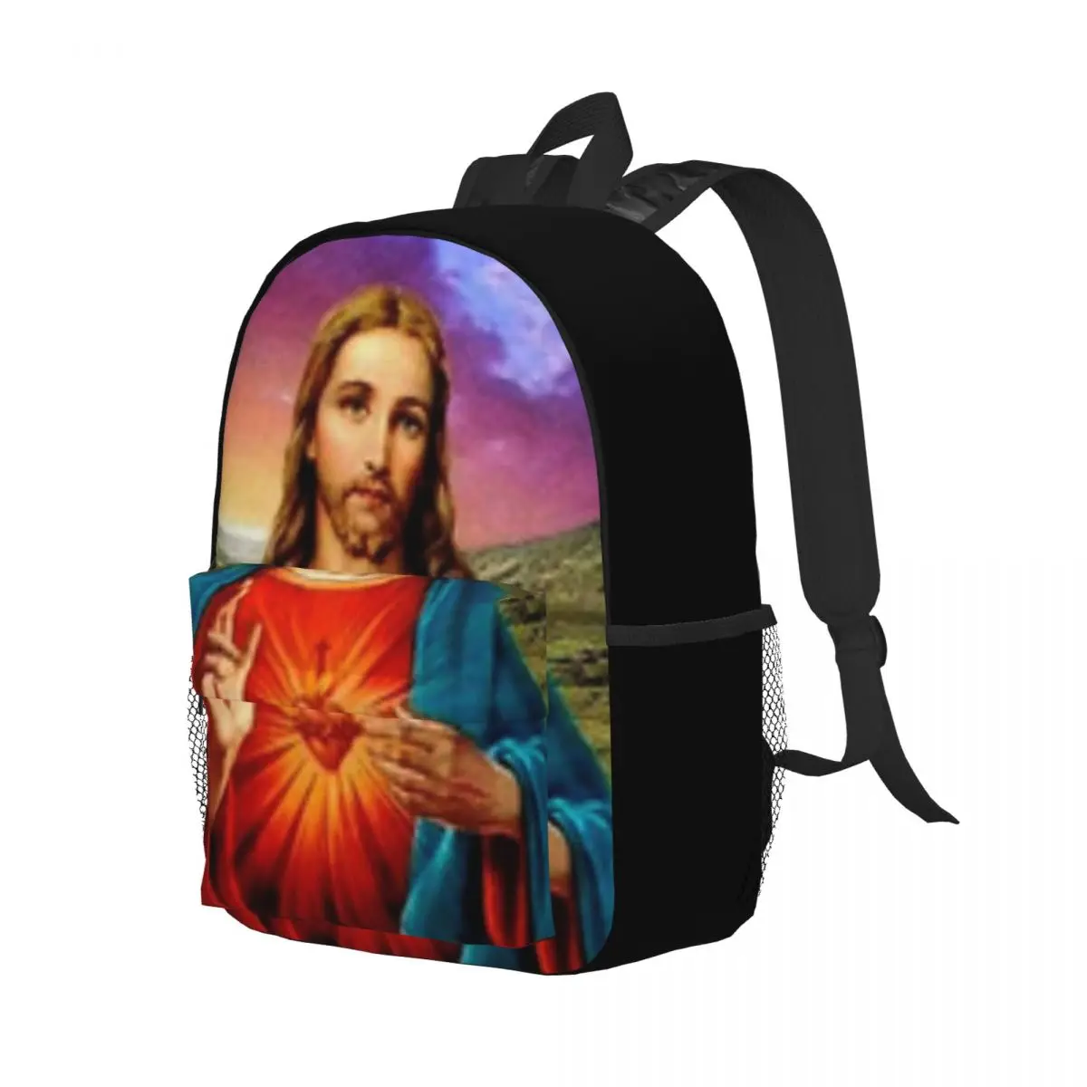 Mochila escolar de dibujos animados del Sagrado Corazón de Jesús para niñas, niños y niños, gran capacidad, 15 pulgadas