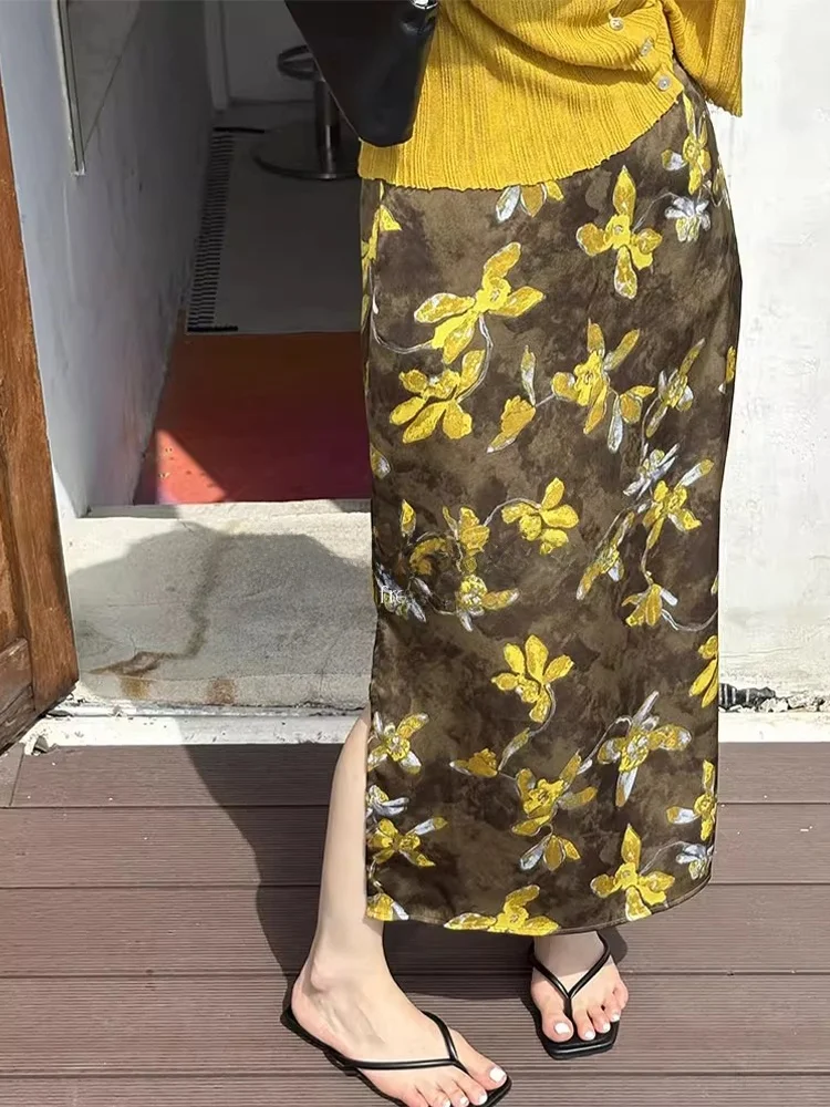 

High Waist Elastic Printed Half Skirt Women's Summer Elegant A-Line Long Skirt Rouje Kefss Commute Style Casual Floral Pattern