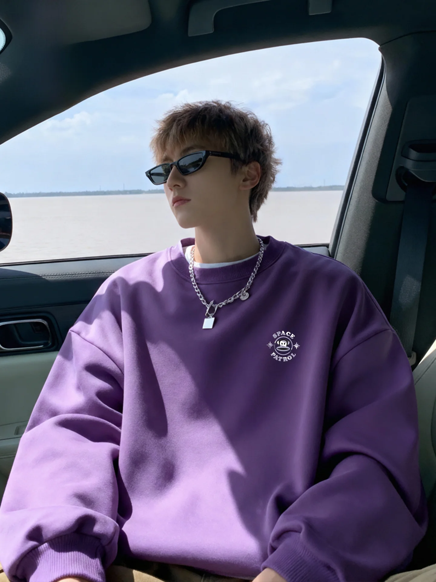 

Loose Fit Long Sve round Ne Sweatirt Men's Faionable Purple Hoodie Comfortable Cotton Polyester Blend