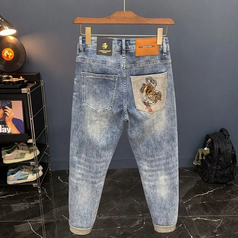 New 2026 Men's Slim Fit Embroidered Hole Denim Jeans Summer Thin Fashion Brand Elastic Long Pants Youth Popular Wear Resistant