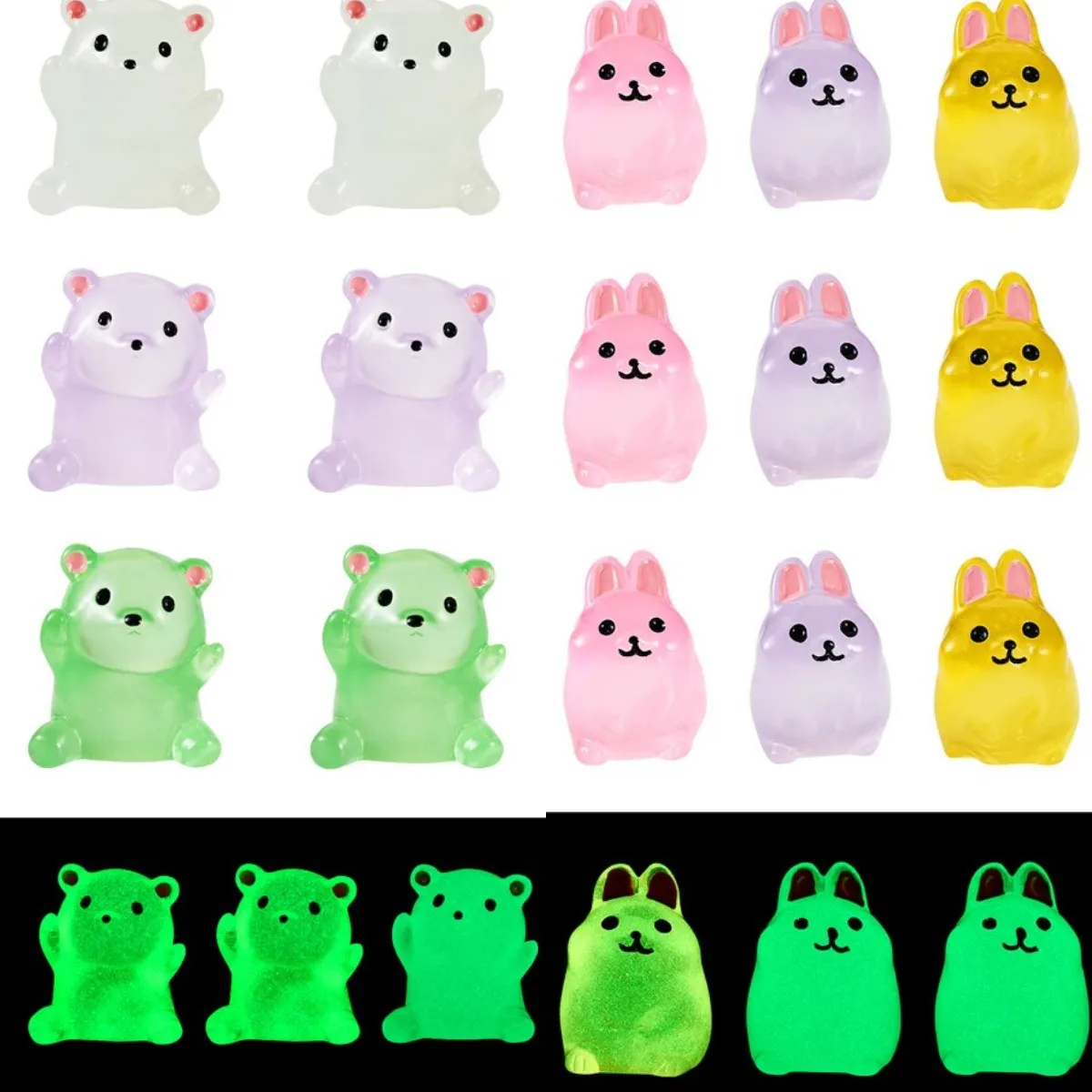 24Pcs Cute Luminous Resin Animal Display Decorations Miniatures Rabbit Bear For DIY Desktop Ornaments Home Decoration