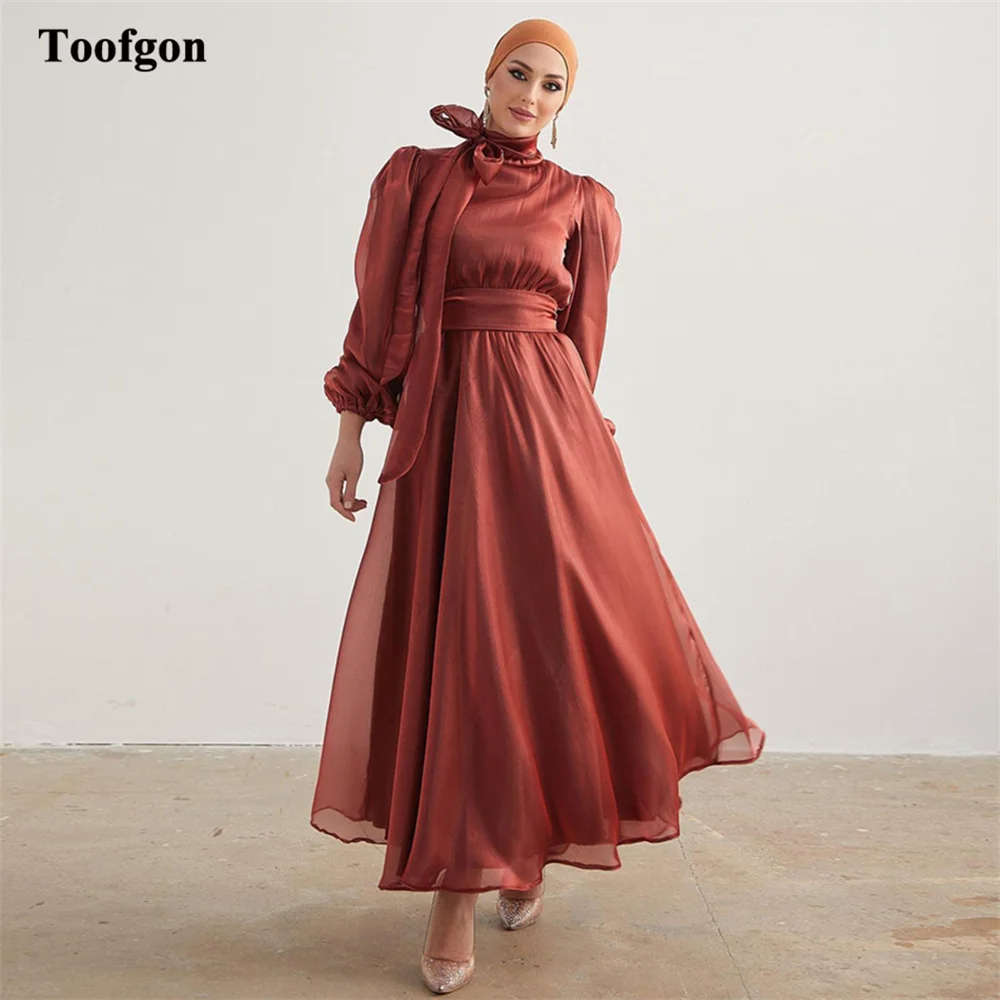 

Toofgon Modest A Line Saudi Arabia Prom Dresses Long Sleeves High Neck Women Formal Party Dress Evening Gowns Bridesmaid Wear