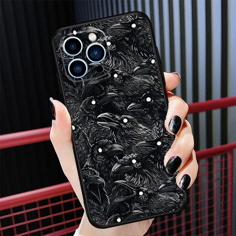 Raven Crow Skull pattern Soft Case For iPhone 16 15 14 13 Pro Max 12 mini 11 Pro Max Plus XS XR XS Max Cover