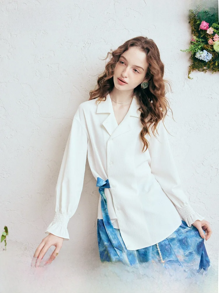 

Simple Printed Belted Asymmetric Hem irt Women's Spring New Sle Casual Loose Long Sve Polyester Fiber Breathable