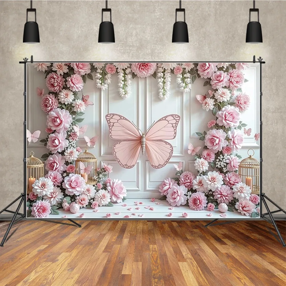 

Pink Butterfly Backdrops Flowers Decor Banner Dreamy Butterfly for Girl Birthday Party Cake Smash Photography Background Props