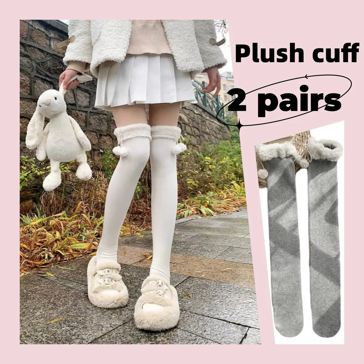 Japanische vertikale Streifen-Plüschstrümpfe Herbst Winter Süße Strumpfhosen Kawaii Lammfell-Wollball-Wadensocken Lolita Kniestrümpfe