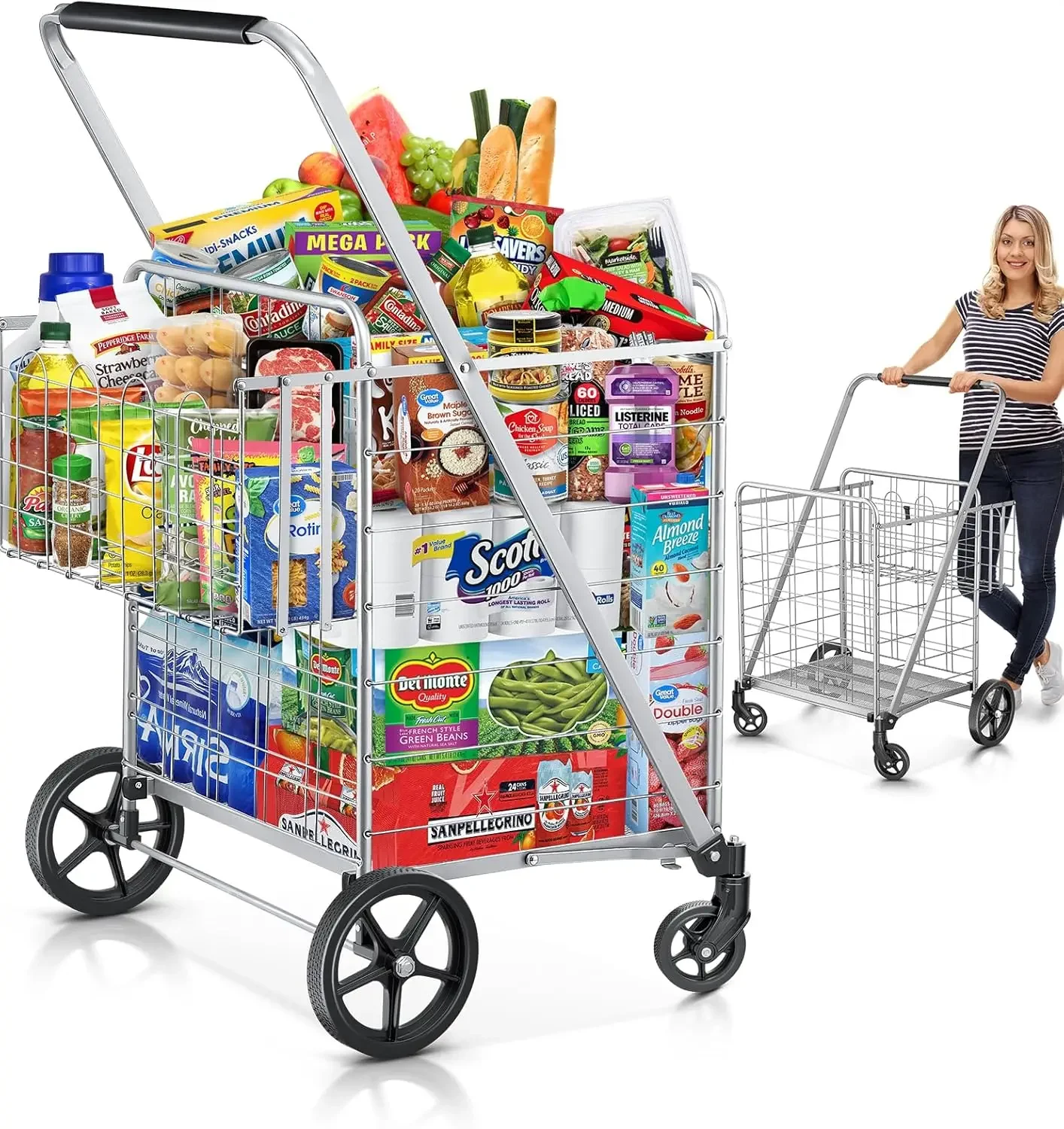 Cart, 460 lbs Upgrade Super Capacity Grocery Cart Extra Jumbo Double Basket Folding Shopping Cart with 360° Rolling Swi