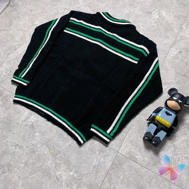 Winter High Street Men Women Cleanfit White Green Patchwork Striped Shirt Casual Black Knitted Long Sleeved Top