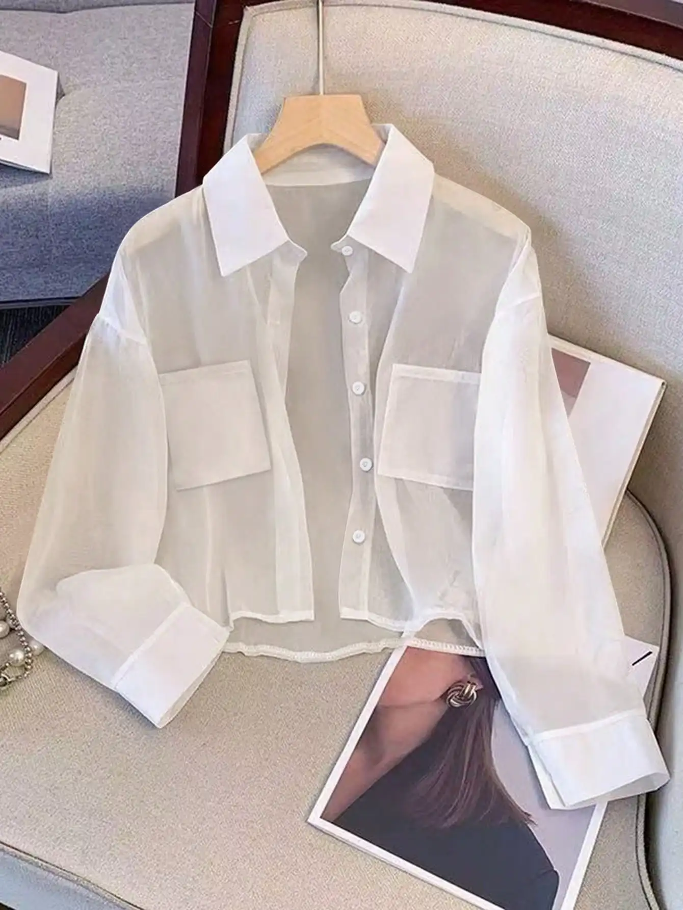 

Женская шифоновая рубашка на пуговицах с длинным рукавом, повседневная, однотонная, белая