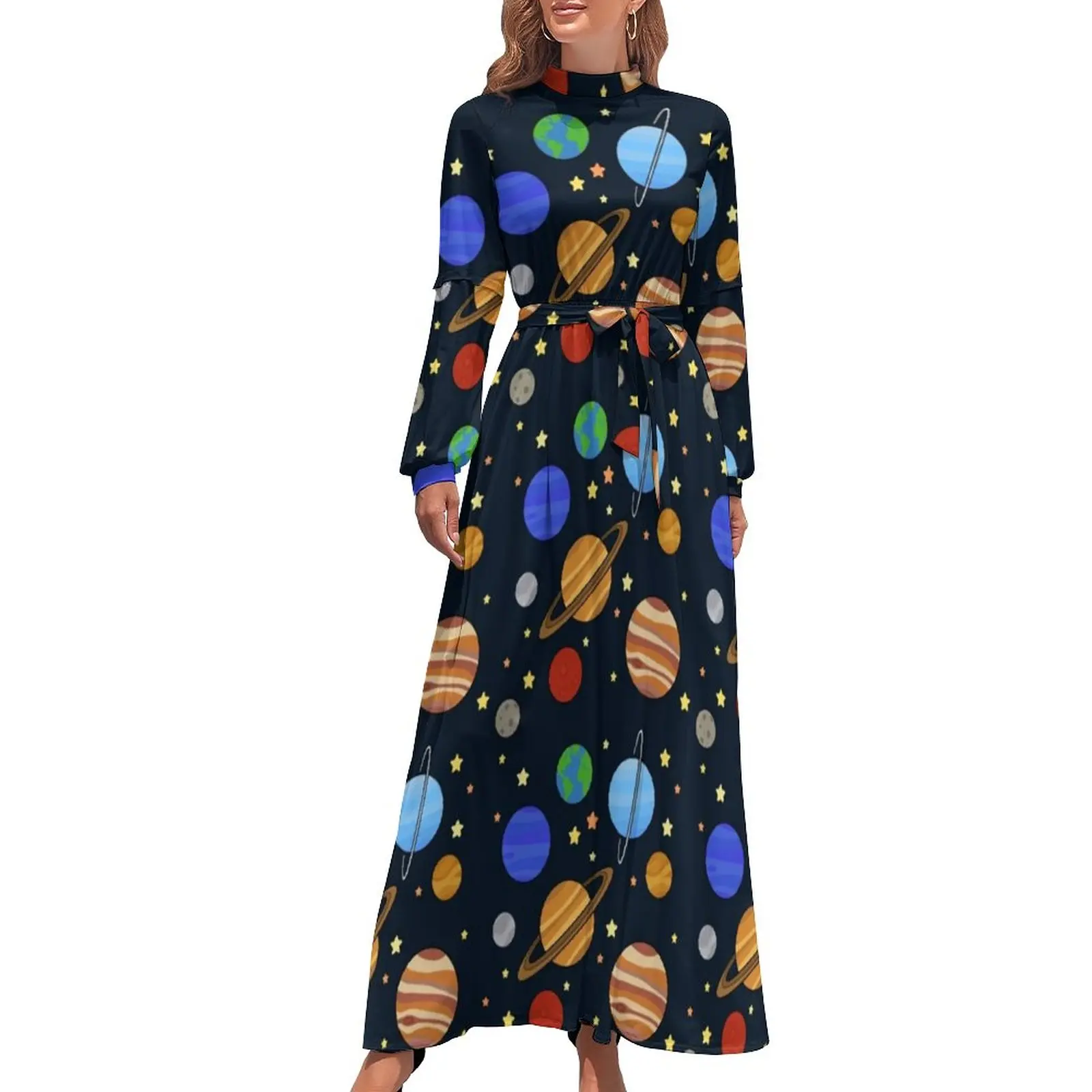 Galaxy Sky Print Dress Long Sleeve Solar System Vintage Maxi Dress High Waist Aesthetic Boho Beach Long Dresses Birthday Gift