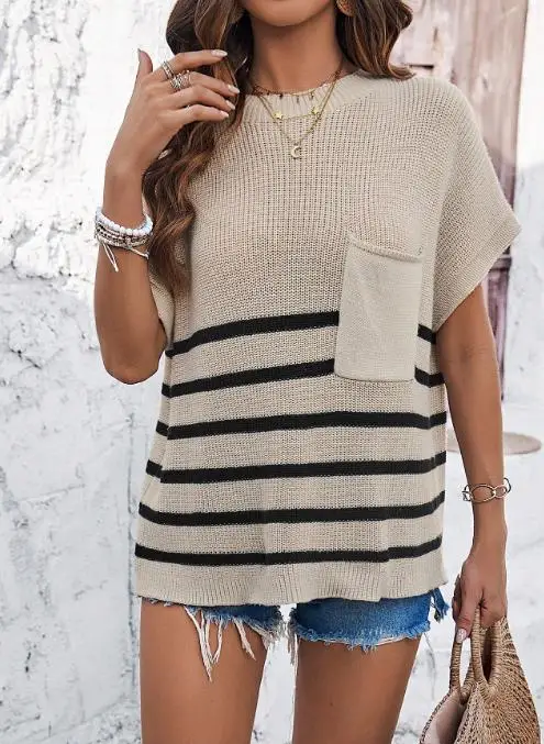 캐주얼 휴가 스타일 반팔 티셔츠 여성 울 니트 의류 2025 가을 겨울