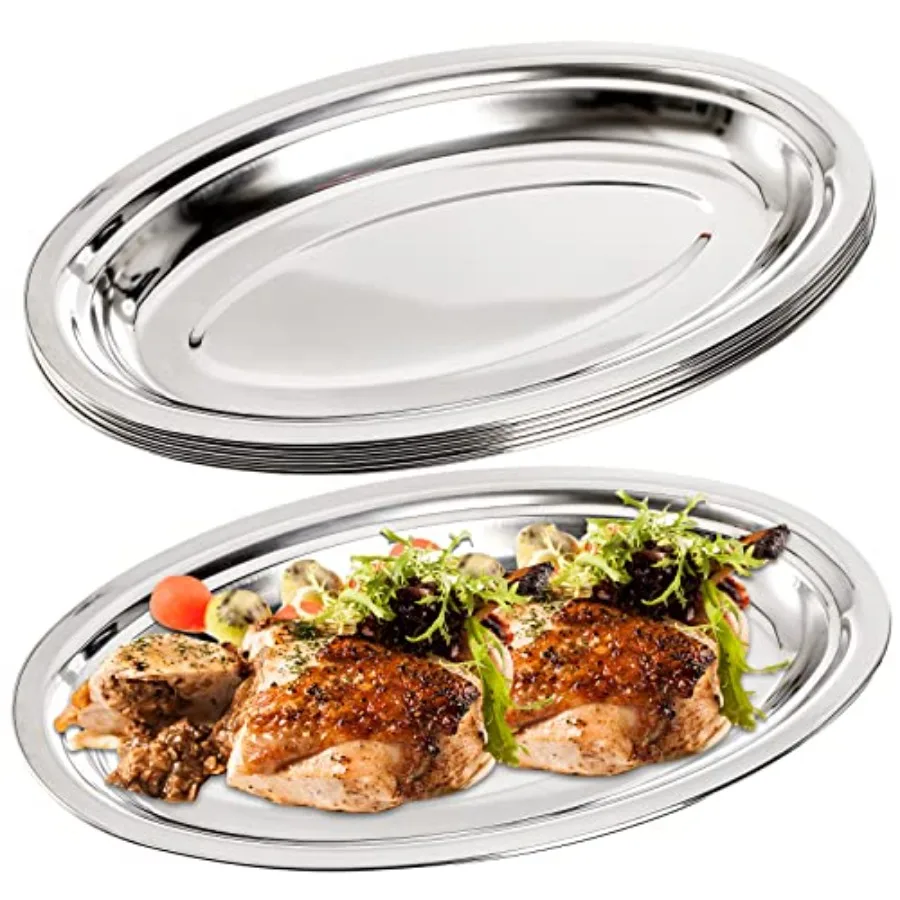 

6 Pack Heavy Duty Stainless Steel Oval Platter with Mirror Polish Large Sizzling Serving Tray for Steaming Fish Dessert Meat an